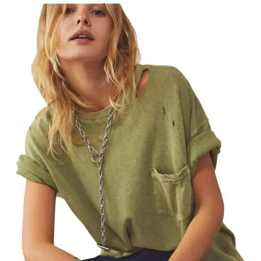 Free People Womens Bleached‎ Military Rubi Distressed T-Shirt Size Small
